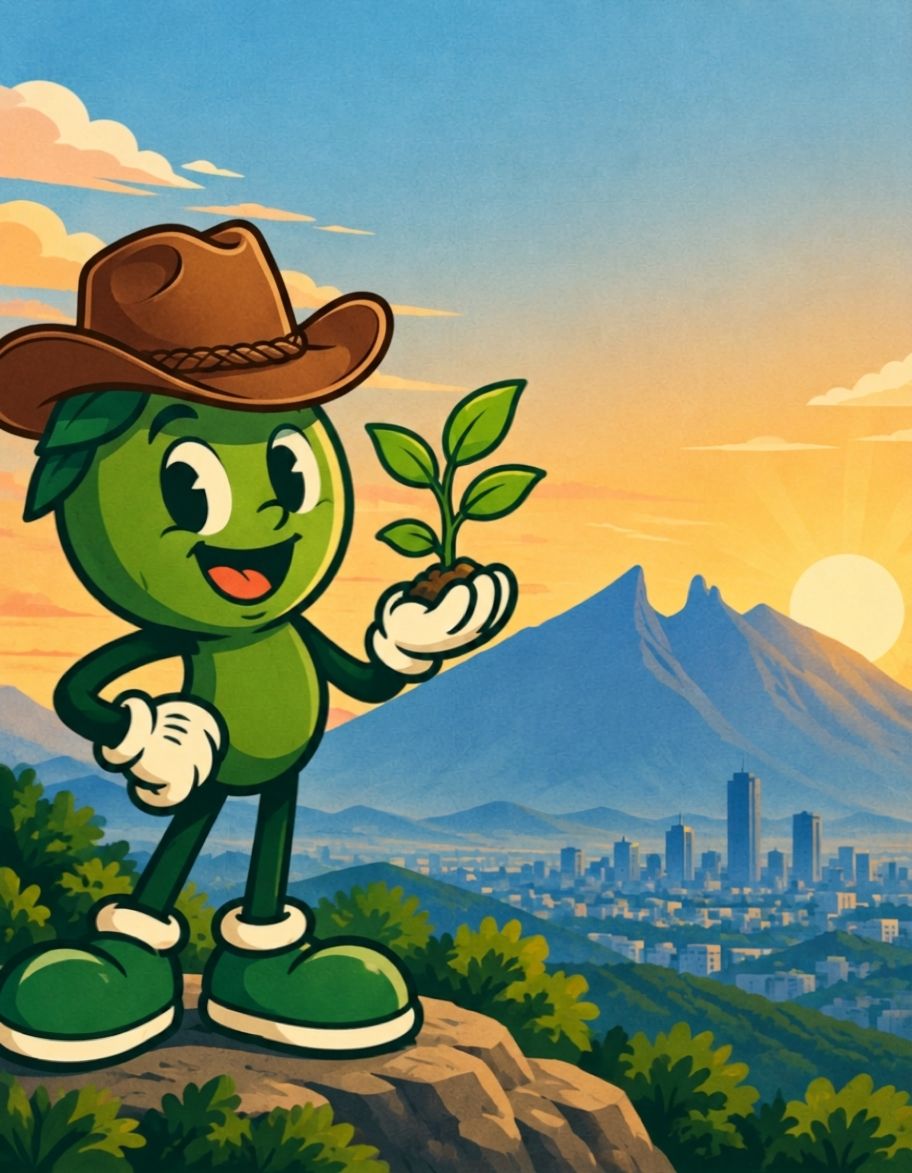 Personaje de Ollin Phyra con sombrero, sosteniendo un brote, con el Cerro de la Silla y Monterrey al fondo