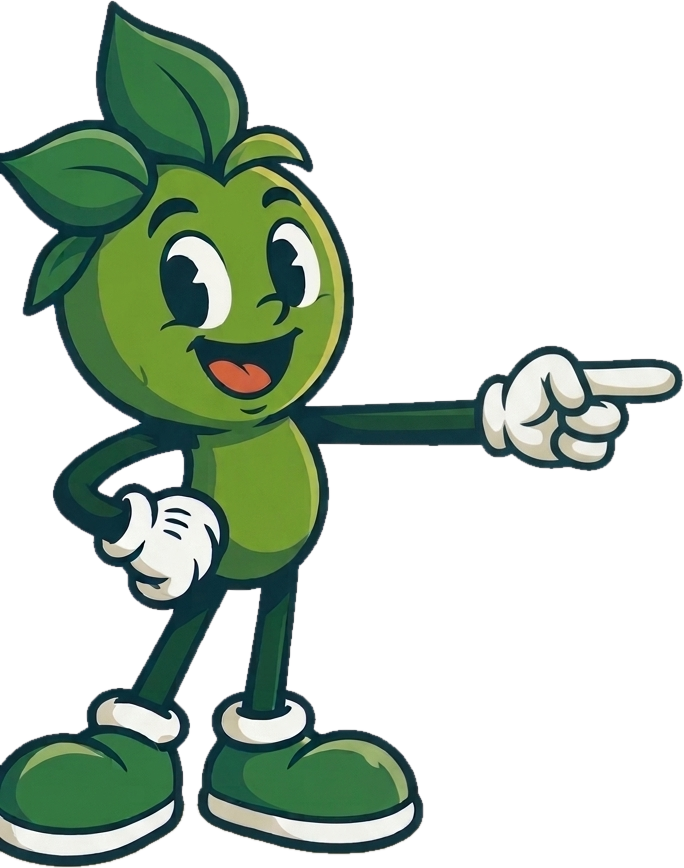 Personaje de Ollin Phyra: figura verde redonda con hojas en la cabeza, señalando el texto